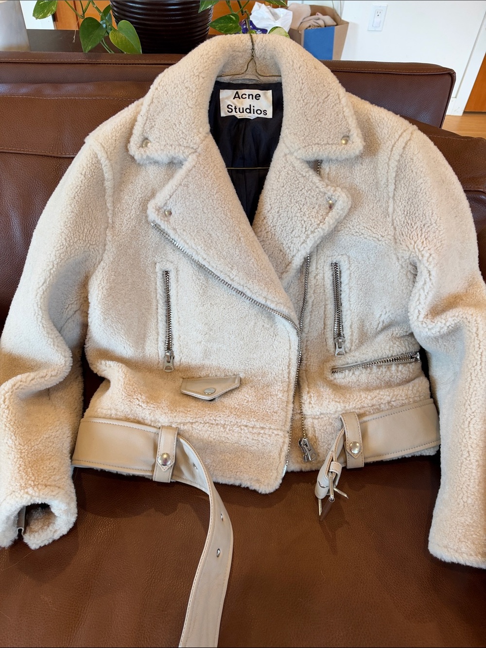 Acne Studios Cream Shearling Biker Jacket